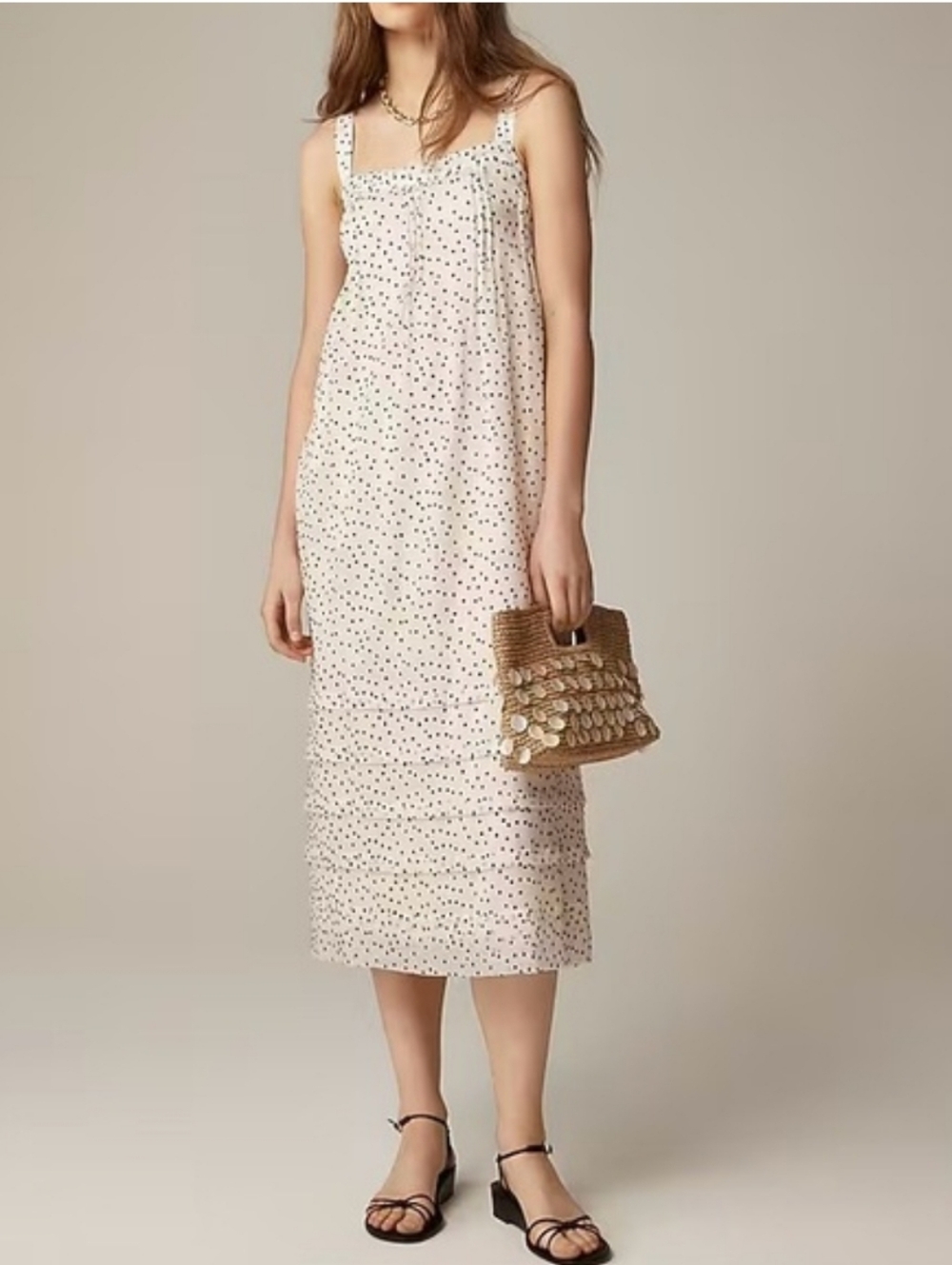 J. Crew Pintuck Midi Dress in Velvet Dot - cream, black